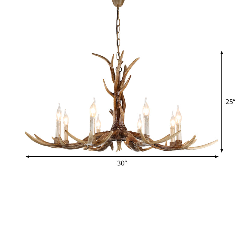 Brown 8-Head Antler Hanging Light Lodge Resin Bare Bulb Design Ceiling Chandelier