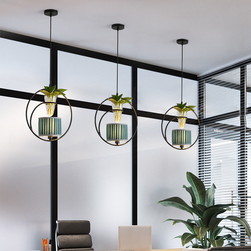 Fabric Tapered/Cylinder Pendant Light Rustic 1 Bulb Cafe Ceiling Light with Plant Pot and Oval/Trapezoid Frame in Black