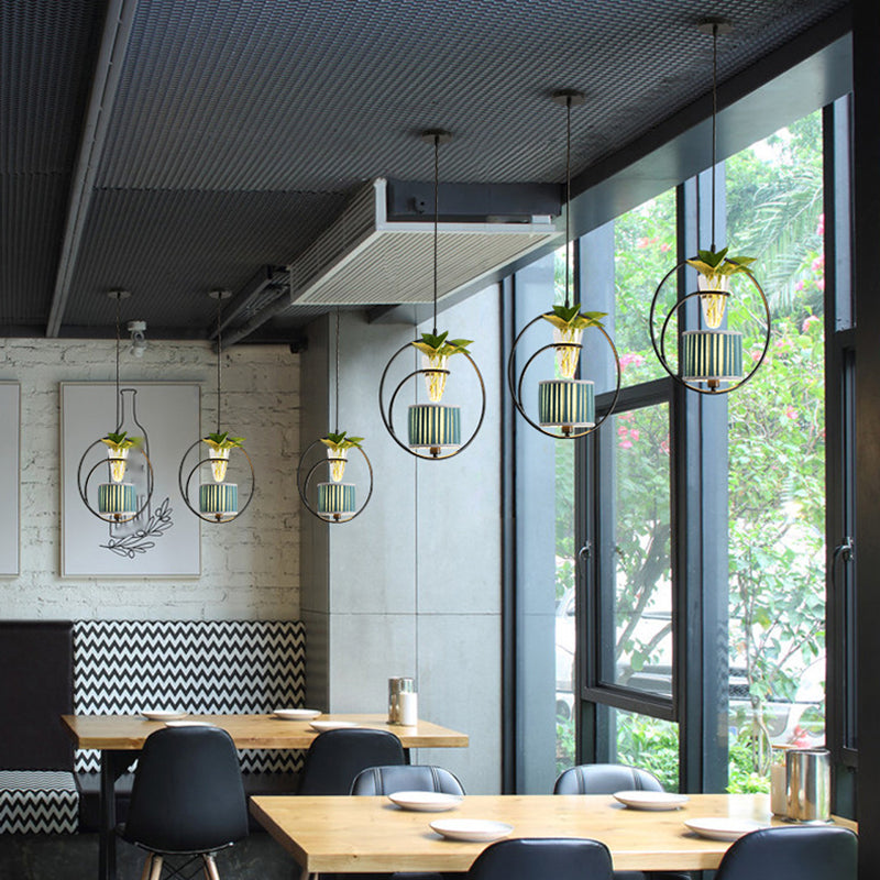 Fabric Tapered/Cylinder Pendant Light Rustic 1 Bulb Cafe Ceiling Light with Plant Pot and Oval/Trapezoid Frame in Black