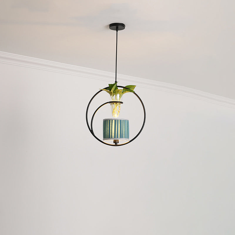 Fabric Tapered/Cylinder Pendant Light Rustic 1 Bulb Cafe Ceiling Light with Plant Pot and Oval/Trapezoid Frame in Black