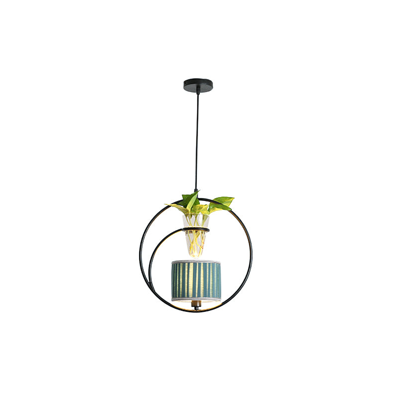 Fabric Tapered/Cylinder Pendant Light Rustic 1 Bulb Cafe Ceiling Light with Plant Pot and Oval/Trapezoid Frame in Black