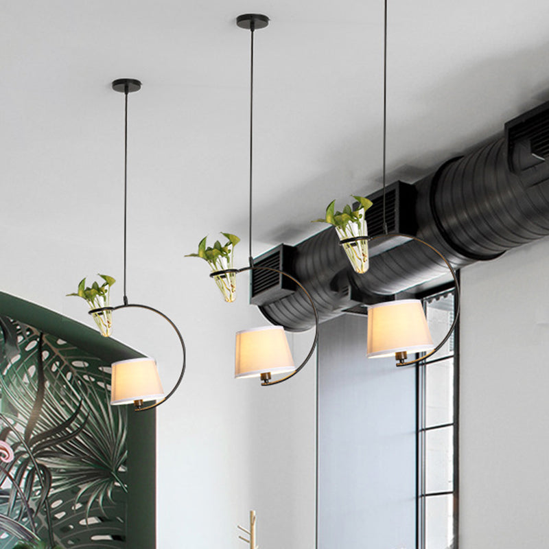 Fabric Tapered/Cylinder Pendant Light Rustic 1 Bulb Cafe Ceiling Light with Plant Pot and Oval/Trapezoid Frame in Black