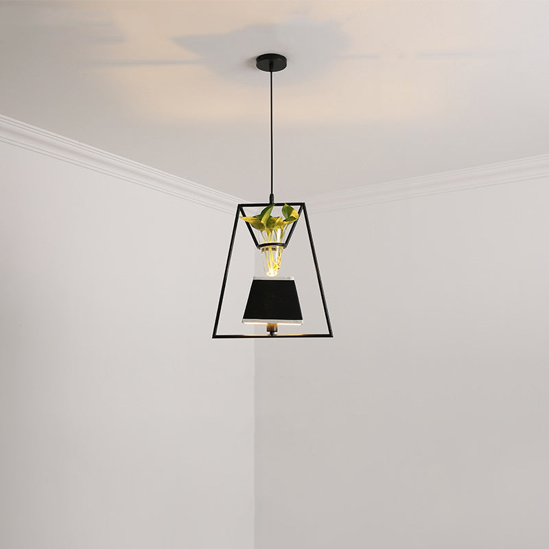 Fabric Tapered/Cylinder Pendant Light Rustic 1 Bulb Cafe Ceiling Light with Plant Pot and Oval/Trapezoid Frame in Black