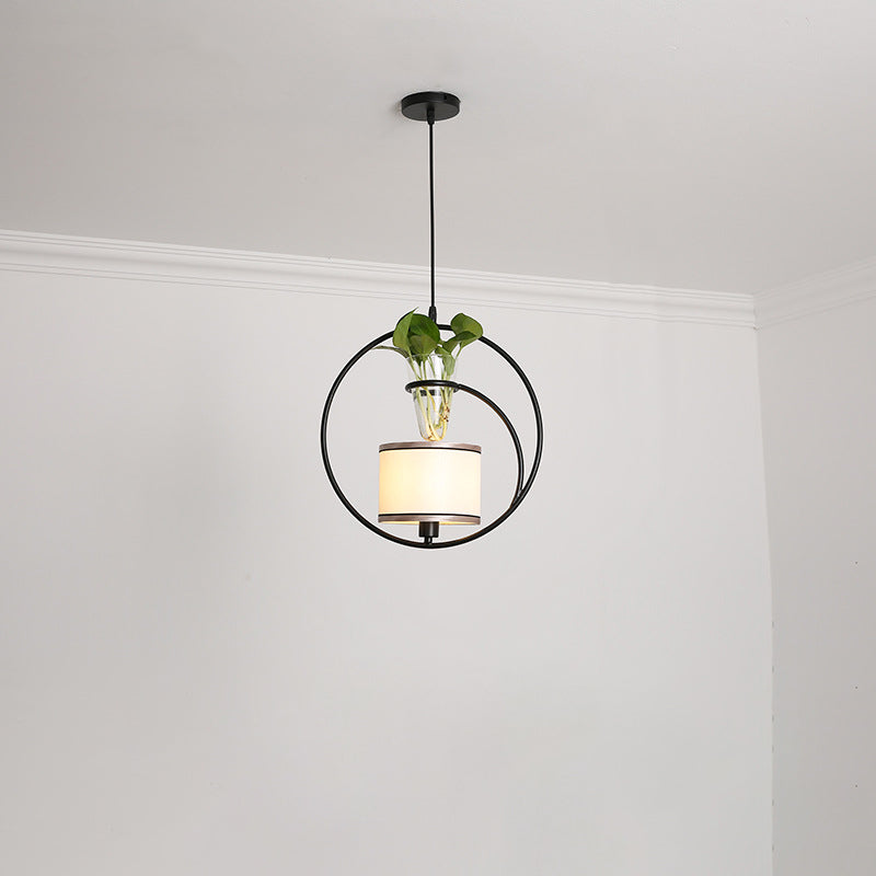 Fabric Tapered/Cylinder Pendant Light Rustic 1 Bulb Cafe Ceiling Light with Plant Pot and Oval/Trapezoid Frame in Black