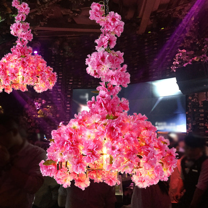 Country Flower Blossom Pendant Light Metallic LED Hanging Ceiling Light in Pink for Beer Bar