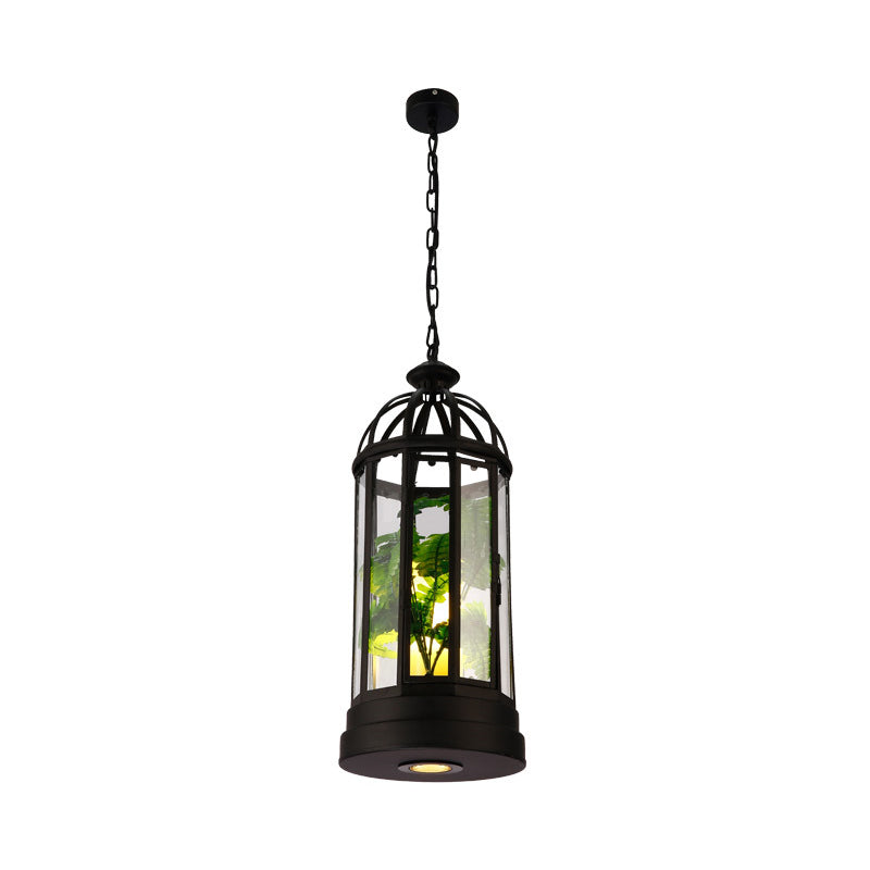 Black Elongated Ceiling Lamp Industrial Clear Glass Single Restaurant Drop Pendant with Candle and Plant