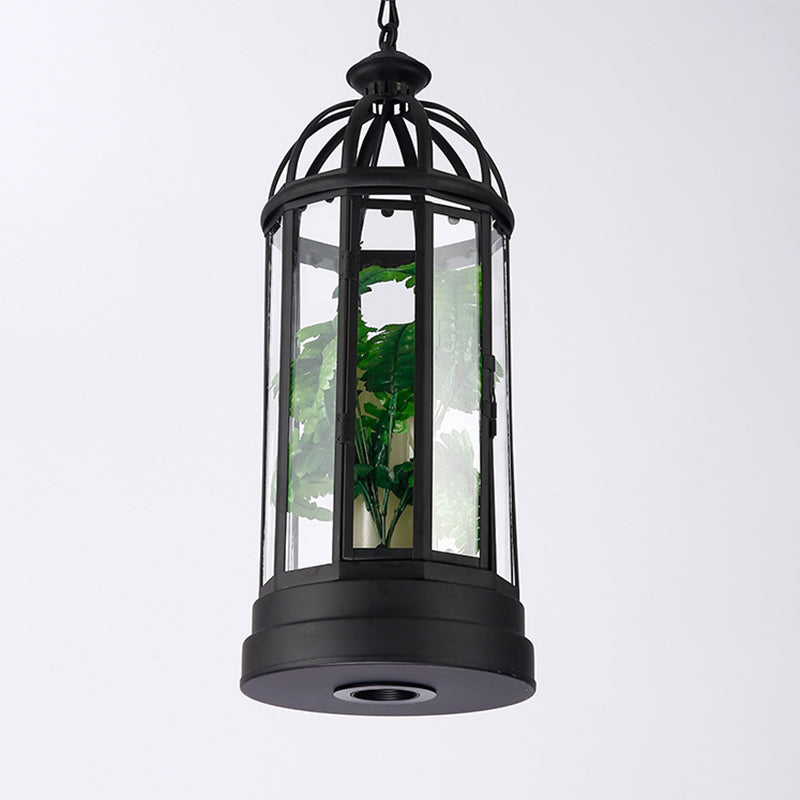 Black Elongated Ceiling Lamp Industrial Clear Glass Single Restaurant Drop Pendant with Candle and Plant