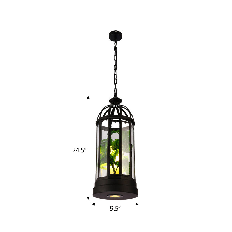 Black Elongated Ceiling Lamp Industrial Clear Glass Single Restaurant Drop Pendant with Candle and Plant