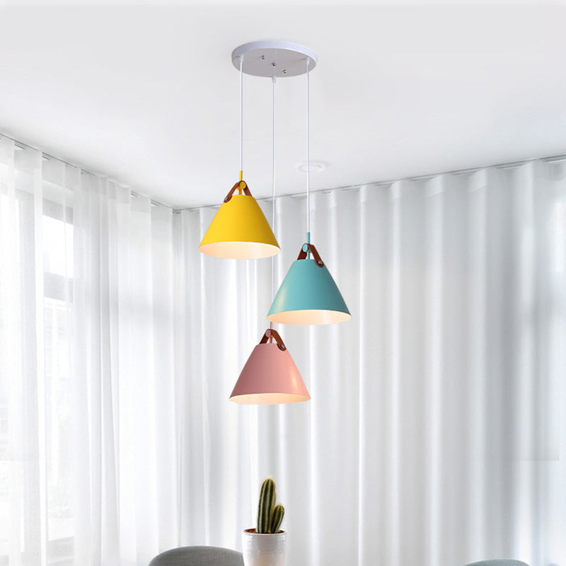 Frustum Shaped Metal Hanging Light Macaron 3 Bulbs Blue-Pink-Yellow/Black-Grey-White Pendant Lamp in Warm/White Light, Round/Linear Canopy