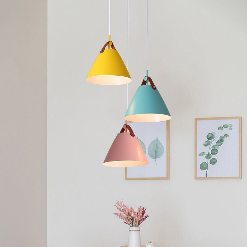 Frustum Shaped Metal Hanging Light Macaron 3 Bulbs Blue-Pink-Yellow/Black-Grey-White Pendant Lamp in Warm/White Light, Round/Linear Canopy