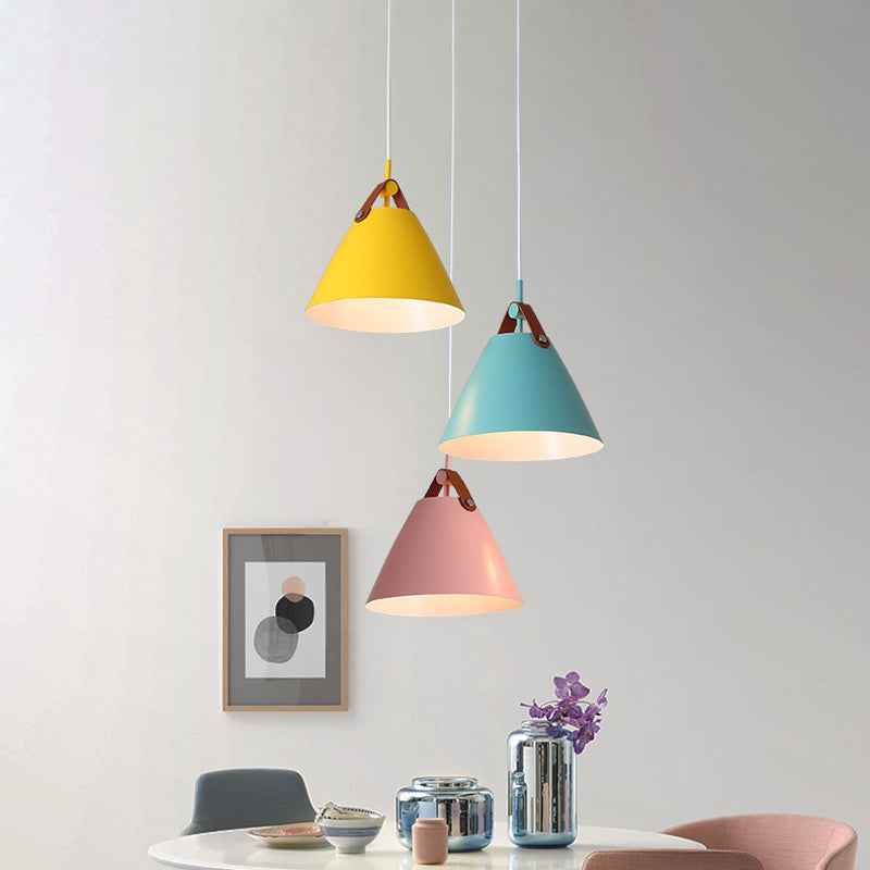 Frustum Shaped Metal Hanging Light Macaron 3 Bulbs Blue-Pink-Yellow/Black-Grey-White Pendant Lamp in Warm/White Light, Round/Linear Canopy