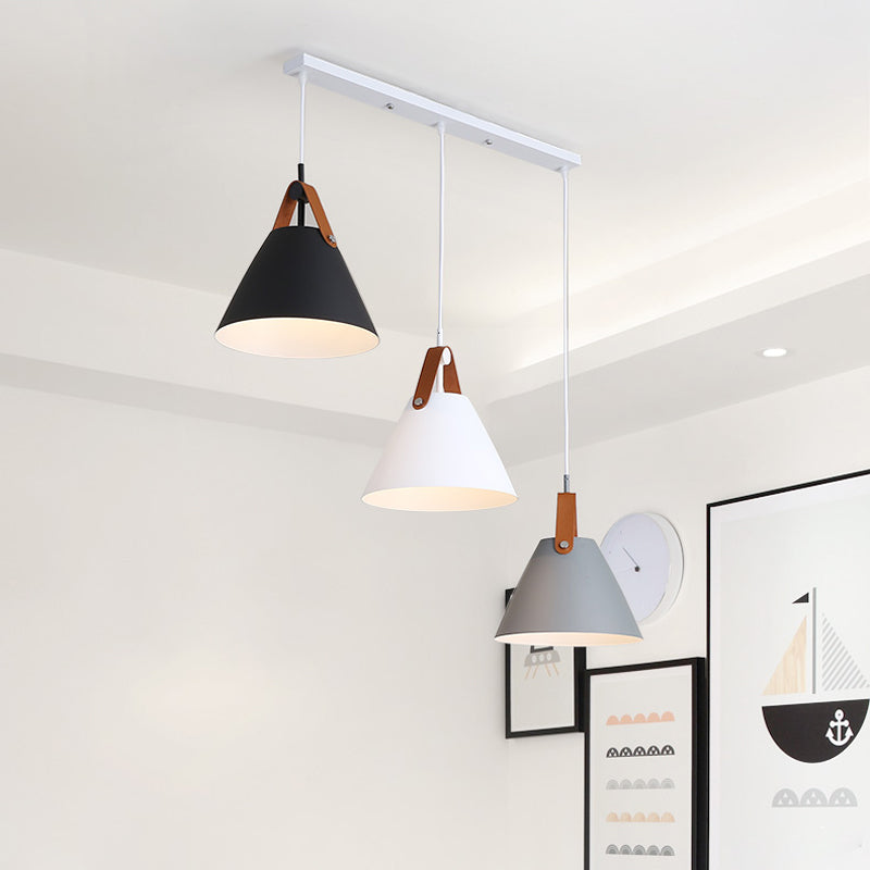 Frustum Shaped Metal Hanging Light Macaron 3 Bulbs Blue-Pink-Yellow/Black-Grey-White Pendant Lamp in Warm/White Light, Round/Linear Canopy