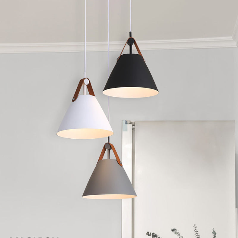 Frustum Shaped Metal Hanging Light Macaron 3 Bulbs Blue-Pink-Yellow/Black-Grey-White Pendant Lamp in Warm/White Light, Round/Linear Canopy