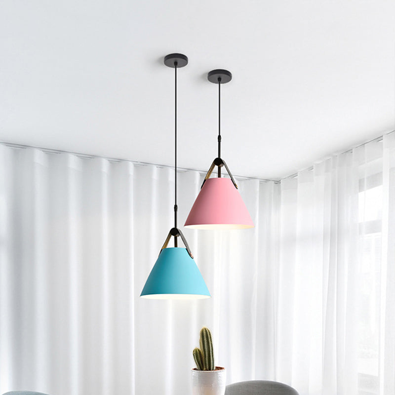 Truncated Cone Snack Bar Hanging Light Kit Aluminum 1-Head Macaron Pendant Light Fixture in Pink/Blue/Yellow with Leather Strap