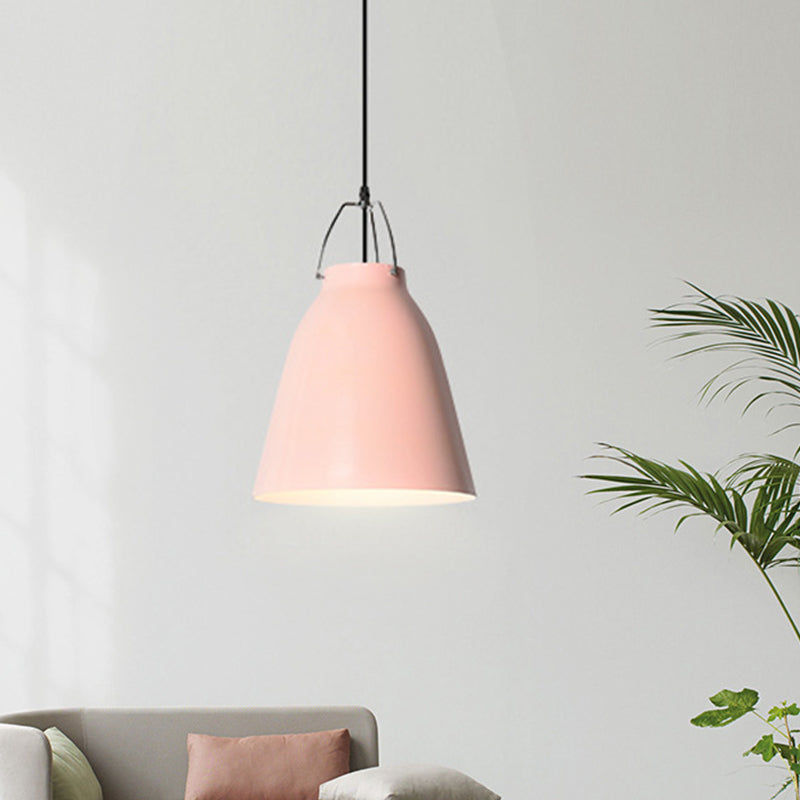 1-Bulb Restaurant Ceiling Hang Light Macaron Black/Pink/Blue Pendant Light with Bell Aluminum Shade