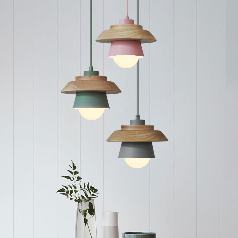 2-Shade Iron Hanging Lamp Kit Macaron Single Pink/Grey/Green and Wood Pendant Lighting Fixture