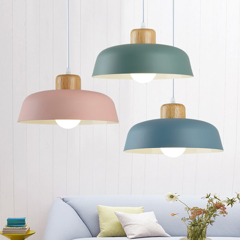 Bowl Shade Restaurant Pendant Lamp Metallic 1 Bulb Macaron Hanging Light in Pink/Blue/Yellow with Wood Knob