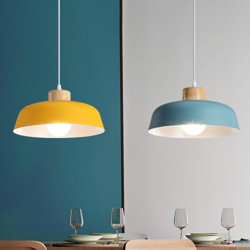 Bowl Shade Restaurant Pendant Lamp Metallic 1 Bulb Macaron Hanging Light in Pink/Blue/Yellow with Wood Knob