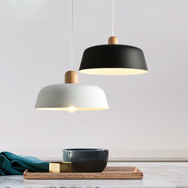 Black/White Flat-Bowl Shaped Pendant Nordic Metal 1 Light Ceiling Hang Lamp with Wood Top