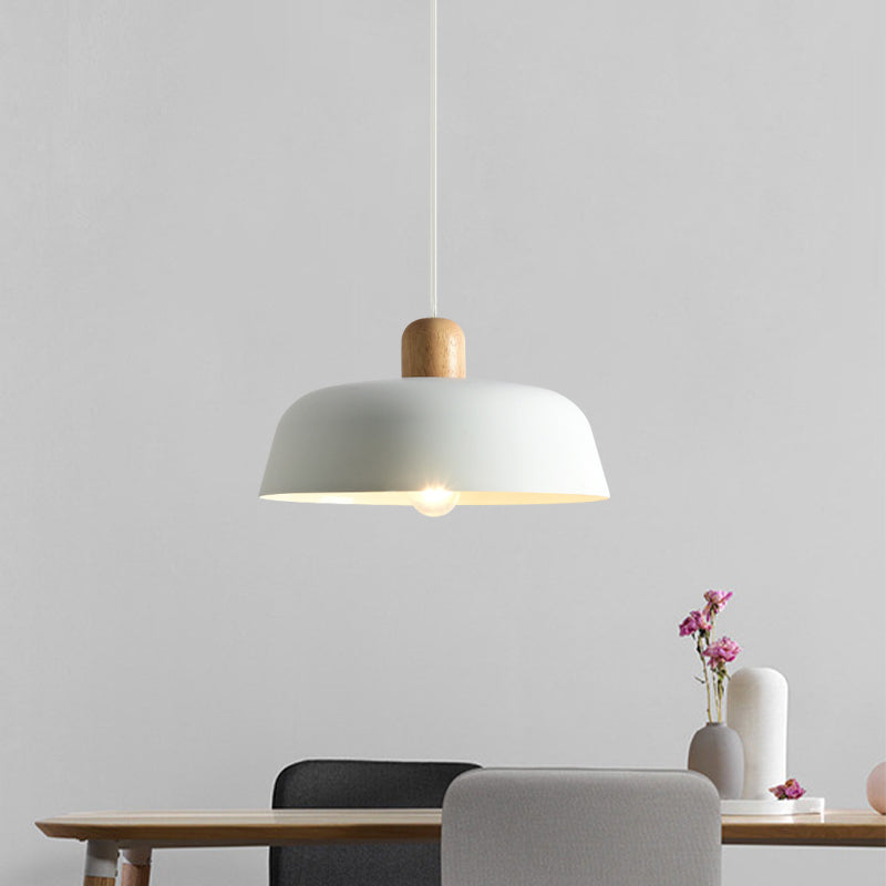 Black/White Flat-Bowl Shaped Pendant Nordic Metal 1 Light Ceiling Hang Lamp with Wood Top