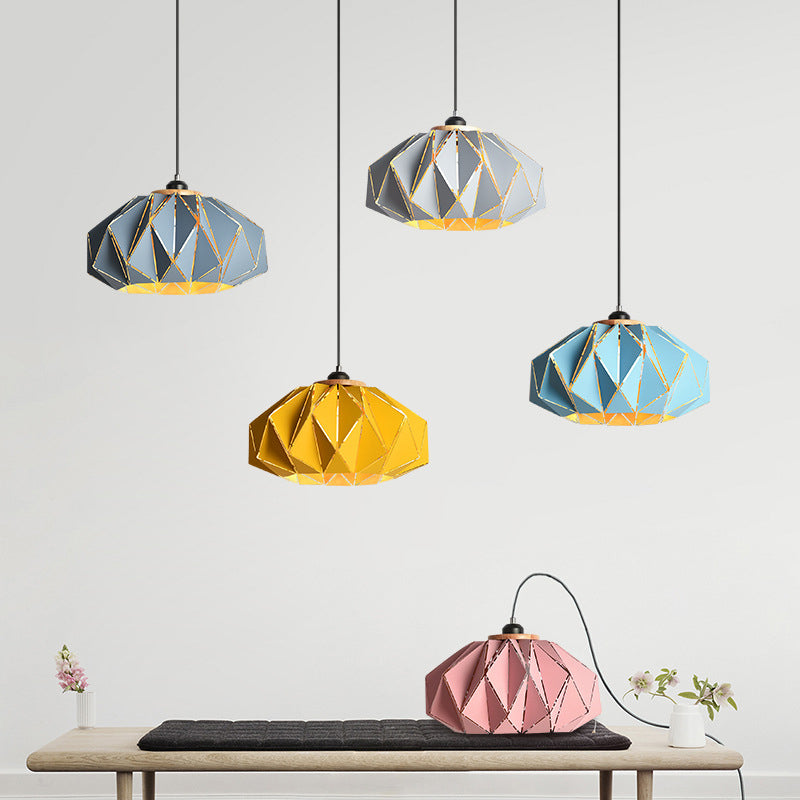 1 Head Restaurant Pendant Lamp Macaron Grey/Pink/Blue Ceiling Hanging Lantern with Laser Cut Iron Shade