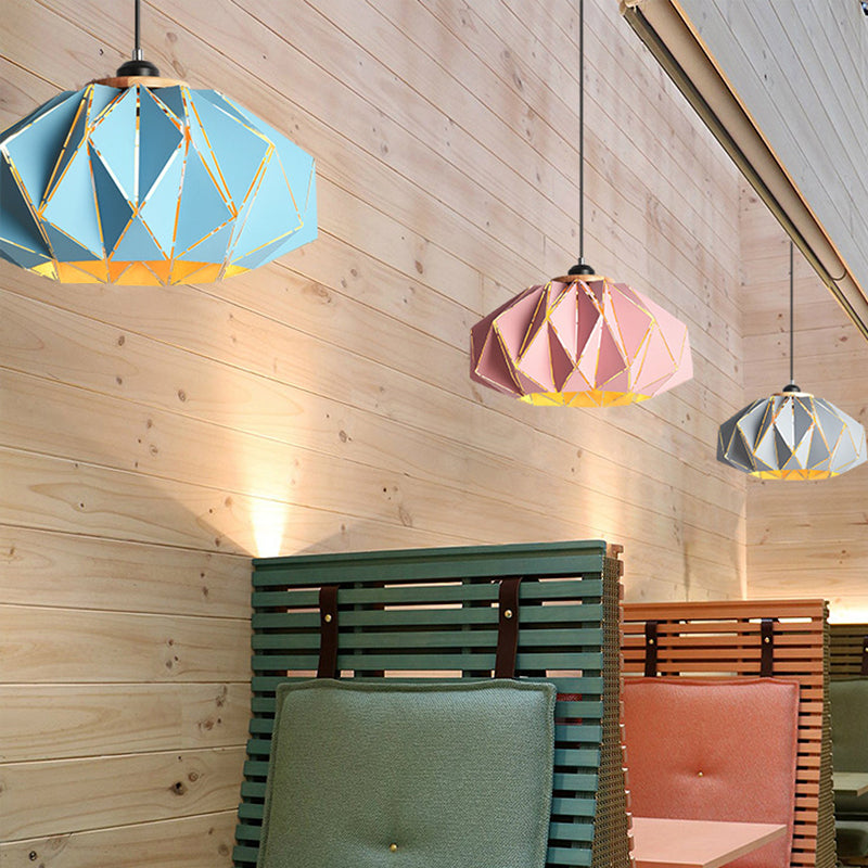 1 Head Restaurant Pendant Lamp Macaron Grey/Pink/Blue Ceiling Hanging Lantern with Laser Cut Iron Shade