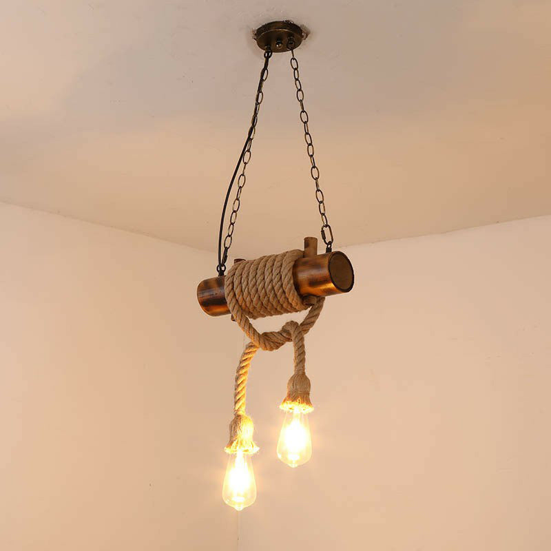 2-Head Exposed Bulb Design Drop Lamp Lodge Brown Hand Made Hemp Rope Pendant Chandelier