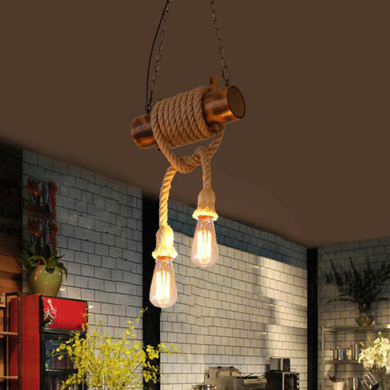 2-Head Exposed Bulb Design Drop Lamp Lodge Brown Hand Made Hemp Rope Pendant Chandelier