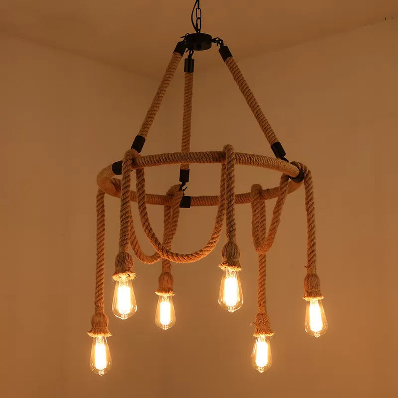 Brown Circle Ceiling Suspension Lamp Lodge Roped 6/8 Lights Restaurant Chandelier with Naked Bulb Design