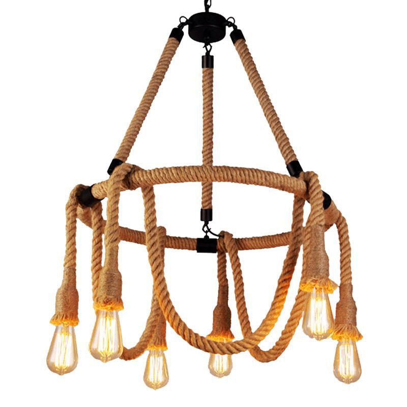 Brown Circle Ceiling Suspension Lamp Lodge Roped 6/8 Lights Restaurant Chandelier with Naked Bulb Design