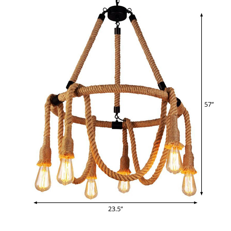 Brown Circle Ceiling Suspension Lamp Lodge Roped 6/8 Lights Restaurant Chandelier with Naked Bulb Design