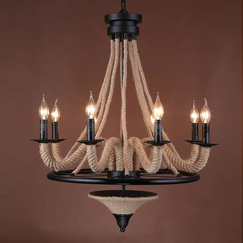 8-Light Candelabra Chandelier Cottage Brown Jute Rope Wrapped Hanging Light Fixture