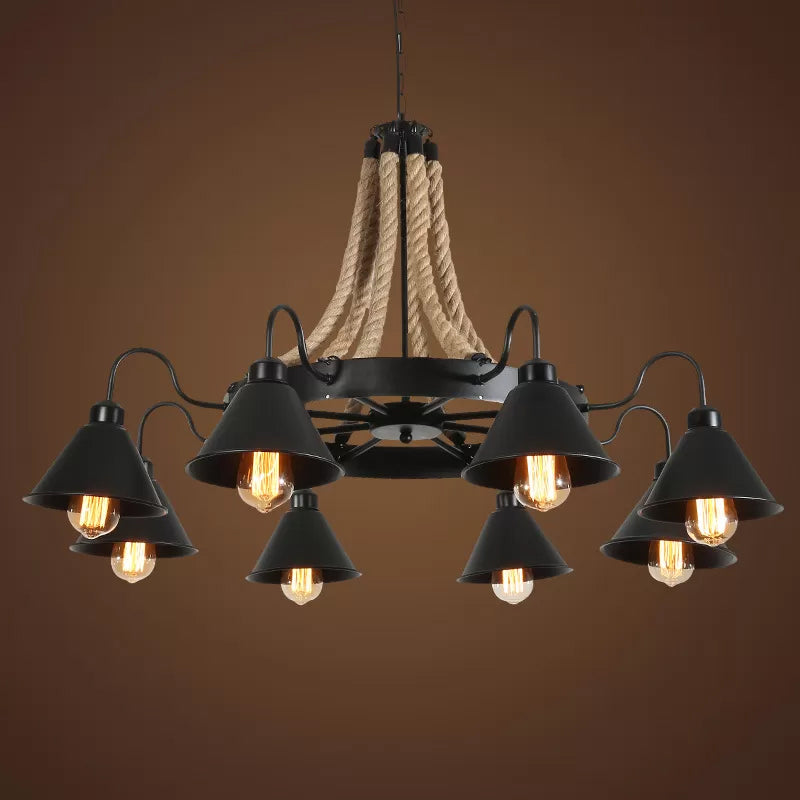 Wheel Restaurant Chandelier Lighting Loft Style Rope 6/8 Heads Brown Pendant Light with Cone Metal Shade