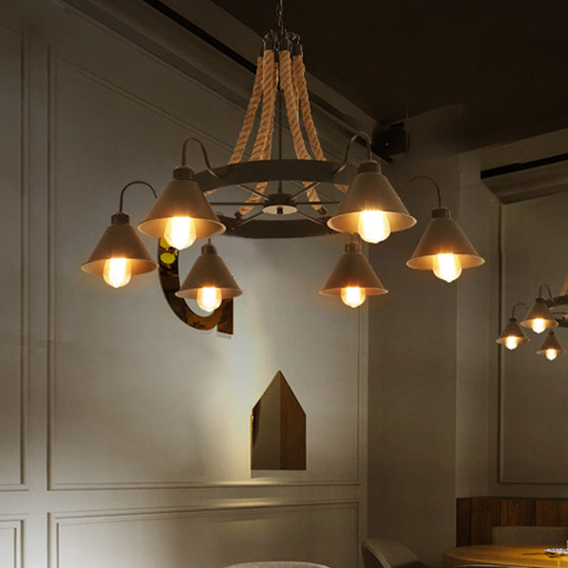 Wiel restaurant kroonluchter verlichting loftstijl touw 6/8 koppen bruin hanglamp met kegel metalen schaduw