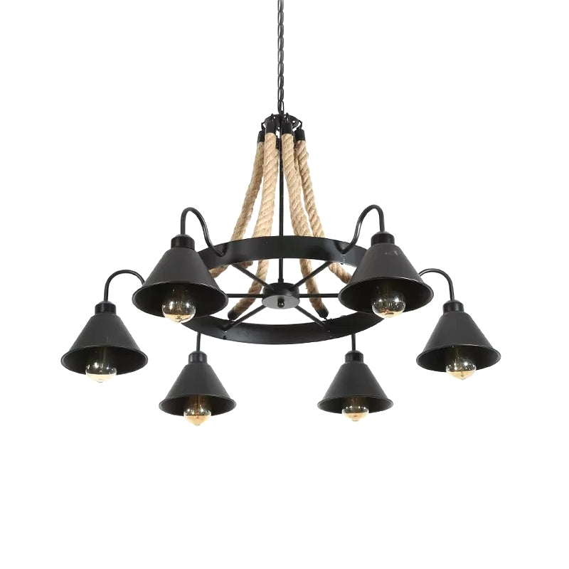 Wiel restaurant kroonluchter verlichting loftstijl touw 6/8 koppen bruin hanglamp met kegel metalen schaduw