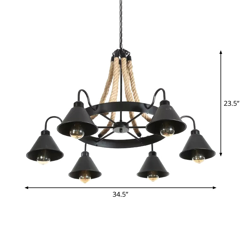 Wheel Restaurant Chandelier Lighting Loft Style Rope 6/8 Heads Brown Pendant Light with Cone Metal Shade