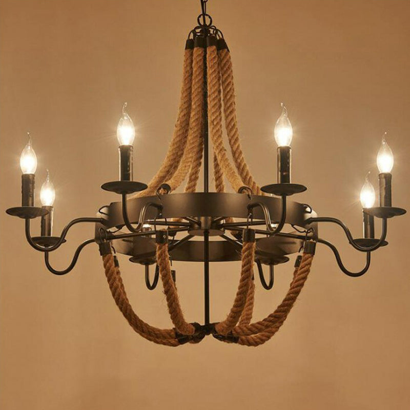 Rope Basket Chandelier Light Fixture Farmhouse 6/8 Bulbs Living Room Ceiling Pendant in Brown