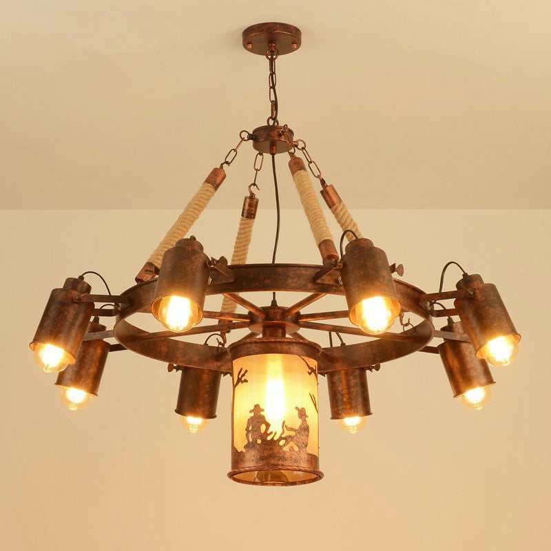 8 Lights Iron Adjustable Chandelier Pendant Industrial Black/Rust Wheel Restaurant Ceiling Spotlight with Rope Accent