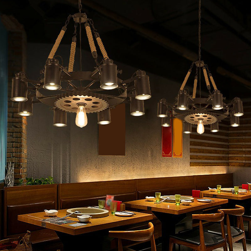 8 lichten IJzer verstelbaar kroonluchter hanger industrieel zwart/roestwiel restaurant plafond spotlight met touw accent