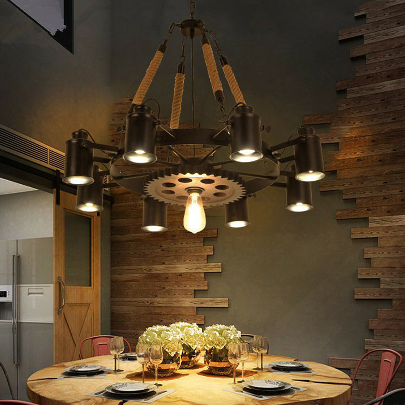 8 lumières Perfeuille de lustre réglable en fer Industrial Black / Rust Wheel Restaurant Plafond Plafonner avec accent de corde