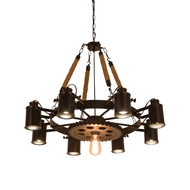 8 Lights Iron Adjustable Chandelier Pendant Industrial Black/Rust Wheel Restaurant Ceiling Spotlight with Rope Accent