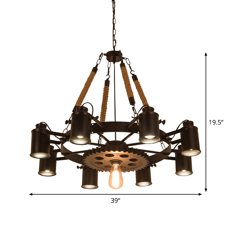 8 lumières Perfeuille de lustre réglable en fer Industrial Black / Rust Wheel Restaurant Plafond Plafonner avec accent de corde