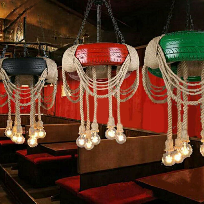 Red/Blue/Yellow Tire Hanging Lamp Kit Warehouse Rubber 6-Head Dining Room Chandelier Pendant with Dangling Hemp Rope