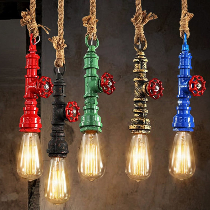 STEAMPUNK CAGED INCONTRO SPINDANTE LIGHTINA 1 Luce a soffitto sospeso in ferro con corda con corda di corda e design del tubo dell'acqua in blu/ruggine/bronzo