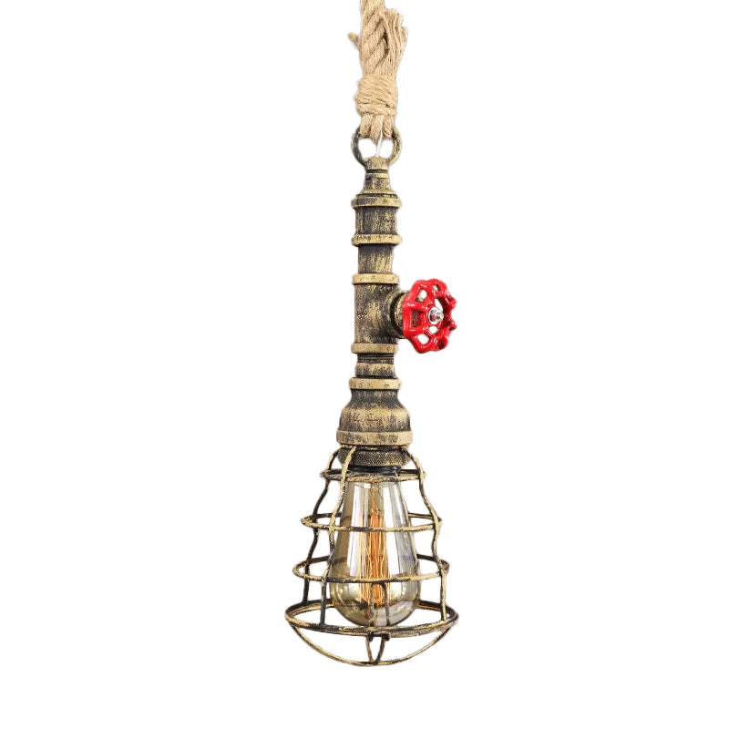 STEAMPUNK CAGED INCONTRO SPINDANTE LIGHTINA 1 Luce a soffitto sospeso in ferro con corda con corda di corda e design del tubo dell'acqua in blu/ruggine/bronzo