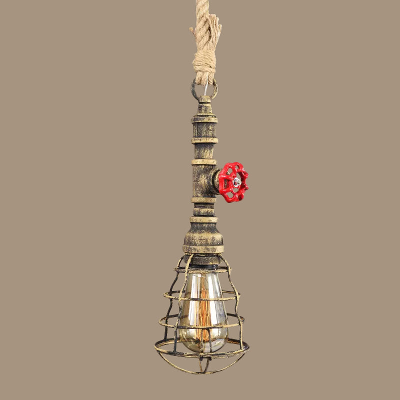 STEAPUNK CAGED DOWN LIGHTING PENDANT 1 CHEED FON PLACE PLACE PLACE AVEC CORDE DE CORDE ET DE PIPE D'EAU BLUE / RUST / BRONZE