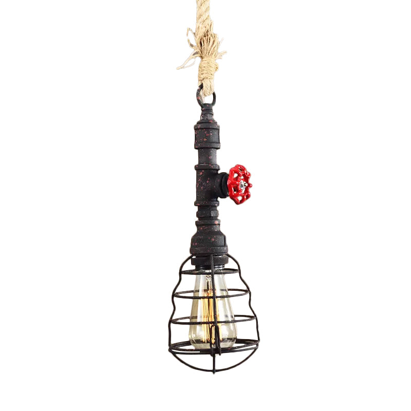 STEAPUNK CAGED DOWN LIGHTING PENDANT 1 CHEED FON PLACE PLACE PLACE AVEC CORDE DE CORDE ET DE PIPE D'EAU BLUE / RUST / BRONZE