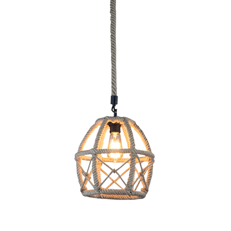 Rural Flared/Birdcage/Basket Pendant Lamp Single-Bulb Natural Rope Hanging Light Fixture in Black and Brown