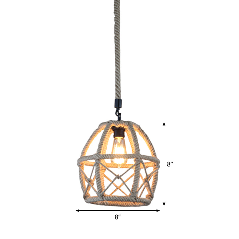 Rural Flared/Birdcage/Basket Pendant Lamp Single-Bulb Natural Rope Hanging Light Fixture in Black and Brown