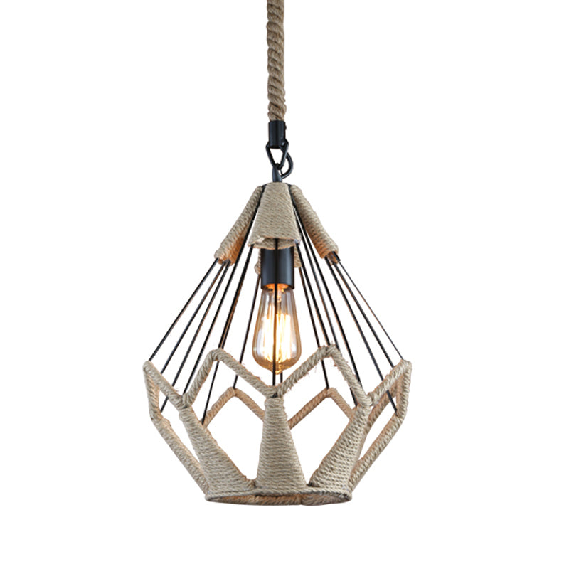 Rural Flared/Birdcage/Basket Pendant Lamp Single-Bulb Natural Rope Hanging Light Fixture in Black and Brown